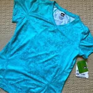 New REI OXT Fleet Tee Sz XS, 50+ UPF, Teal Aquamarine Floral Print, quick dry